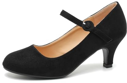 Women's Vintage Mary Jane Shoes Dress Comfortable Low Kitten Heels Ankle Strap Closed Round Toe Office Work Wedding Pumps, Black Suede, 4 UK