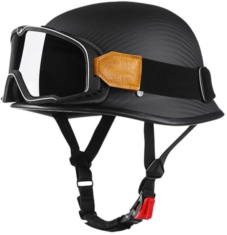 DOT Approved Retro German Style Motorcycle Half Helmet, Carbon Fiber Open Face Motorbike Helmet Men Women, Fashion Half Shell Helmet for Cruiser Moped Chopper Scooter with Pilot Goggles(Elegant black,