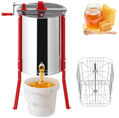XMTECH Extractor de miel manual de 4 panales de acero inoxidable | Extractor de miel tangencial con tapa de visión y ajuste de altura | tirachinas para apicultura para aficionados y profesionales