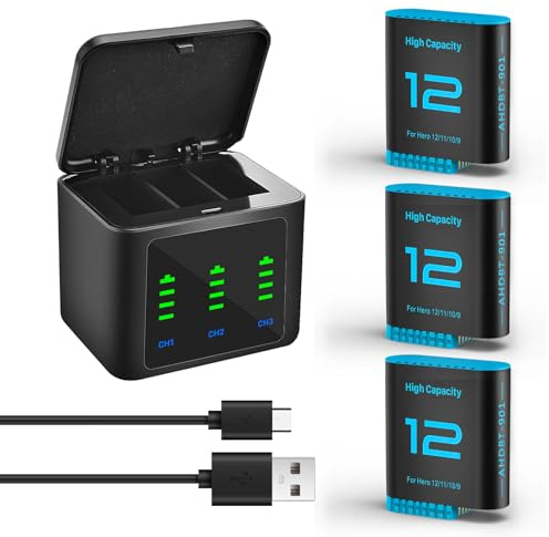 3-Stück Hero12 Akku Ladegerät Kit 2580mAh Ersatzakkus Typ-C LED Dreikanal Ladestation für GoPro Hero 12 11 10 9 Black (Ladegerät +3 Akkus)