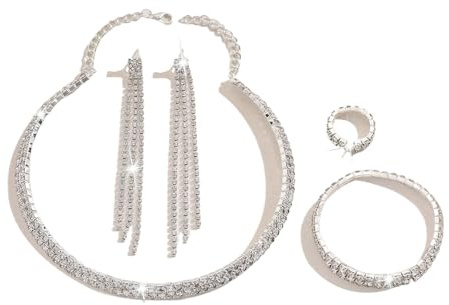 XFSRG Set di Gioielli Donna Parure Donna Sposa Elegante Collana Bracciale Orecchini Anello Parure Gioielli Ideale per Cerimonia Matrimonio Festa Anniversario