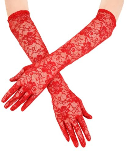 Longs gants en dentelle rouge pour femme, style floral longueur coude, gants extensibles pour mariage, vintage pour fête, danse, costumes de mascarade