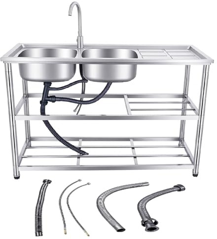 2-Basin Stainless Steel Sink with Stand, Kitchen Washing Station with Hot/Cold Water Faucet, Filter Basket & Storage Shelves (47.24in Length)
