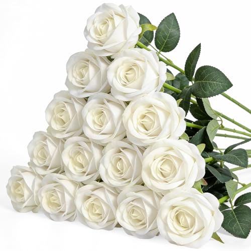Riqiaqia 15PCS Artificial Flowers Fake Roses, Silk Artificial Ivory White Roses with Stems Realistic Bouquets for Wedding Centerpiece Valentines Day Decorations Home Decor Party Crafts DIY