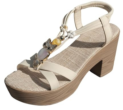 Plattform kil sandaler för kvinnor tjocka block låga klackar bohemiska sandaler elastisk ankelrem plattform uppklädd sandal öppen tå bekväma sommarklackar semester sommarskor, Vitt, 37.5 EU