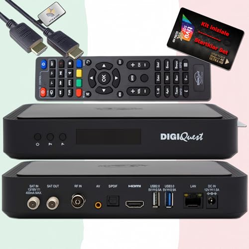 DigiQuest Q99 Récepteur satellite 4K UHD avec carte TiVuSat activée Noir – Italien TV Rai Mediaset LA7, DVB-S2/T2, HEVC HDR, PVR Ready, LAN, USB, récepteur certifié + câble HTS e-com HDMI