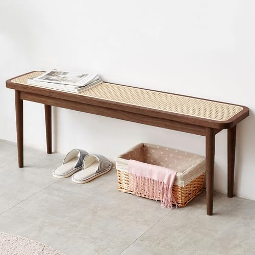 YESWOOD Solid Oak Rattan Bench Entryway Shoe Bench | End of Bed Bench Dining Bench Natural Wood Shoe Changing Stool for Hallway Bedroom Kitchen
