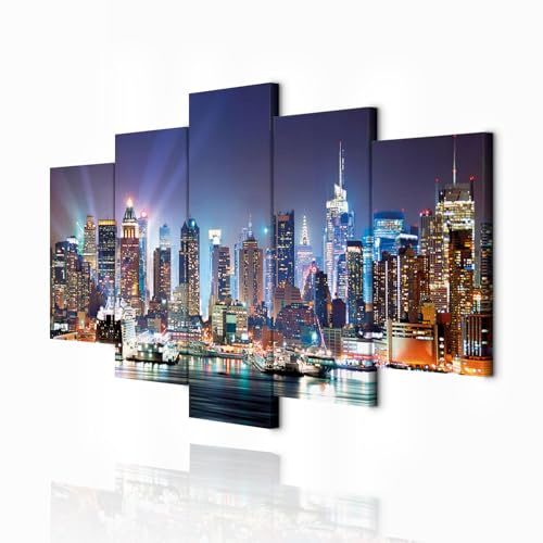 decomonkey Cuadro Decoración Salón Modernos Nueva York 200x100 cm - Cuadros en Lienzo con Ciudad Panorámica Decoración de Pared con Marco de Madera para Espacio, Dormitorio y Oficina - 5 piezas