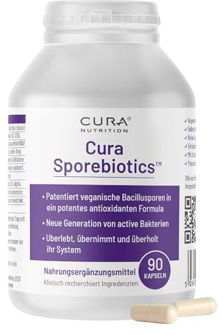 CURA NUTRITION SPOREBIOTICS – Spore Based Probiotic with Antioxidants, Active Bacteria Daily Supplement to Boost Akkermansia, 3 Bacillus Spores for Gut Health Support, Vegan Probiotics (90 Capsules)