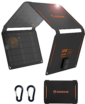 FlexSolar Solar Ladegerät 30 W tragbares (19,8 V/1,6 A max), wasserdicht, IP67 faltbares Solarpanel mit USB A/C QC 2.0 Anschluss, kompatibel mit Netzstation, Handy für Outdoor, Camping, Wandern