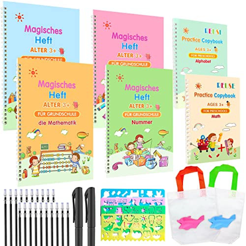 6 Stück Magisches Heft Deutsch Und Englisch - 26x18cm Magisches übungsheft deutsch mit Stift, Wiederverwendbares Übungsbuch, Heft Schreibhilfe, mit 20 Nachfüllungen + 2 Stift Übungsbücher Set.
