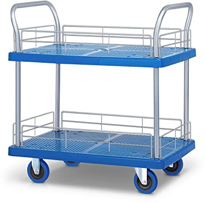 MoNiBloom 2 Tier Heavy Duty Utility Cart with Handle Bar Serving Cart Platform Trolley with Four Wheels for Home Warehouse School, 661 lbs Capacity Blue