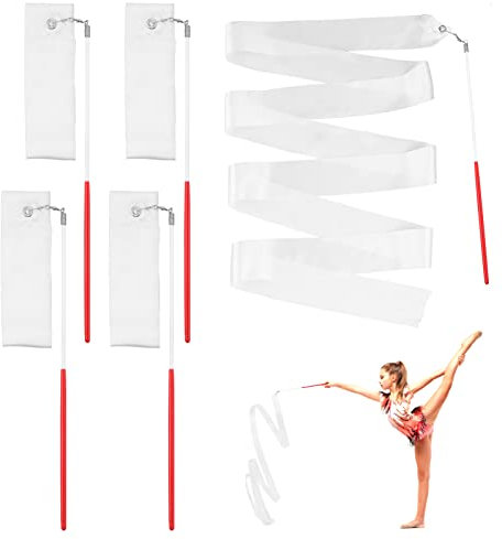 4 Stück Rhythmische Tanzbänder Gymnastikband mit Stab, Regenbogen Gymnastikband Tanzband Mit 30 cm Langem Band, Weiß, für Rhythmische Gymnastik Ausrüstung für Kinder Talent Shows Künstlerisches Tanzen