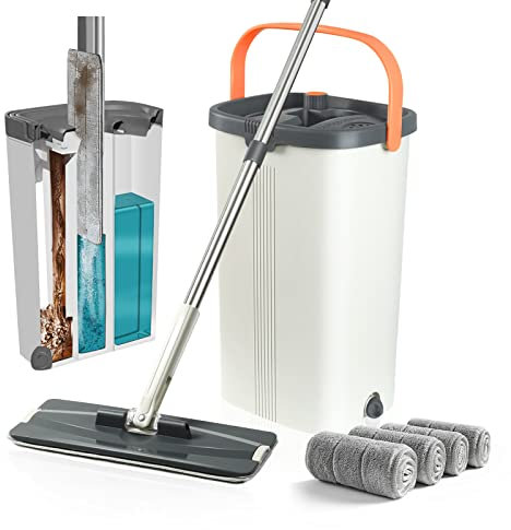 Jelymark Mocio piatto e secchio con set strizzatore, separa l'acqua sporca e pulita, mocio a 3 camere per uso bagnato e asciutto, mocio a mani libere per la pulizia del pavimento, 4 panni