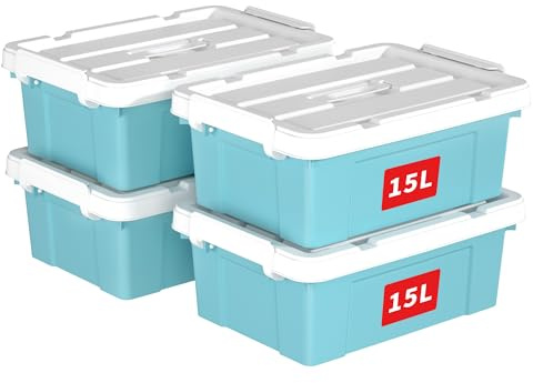 Cetomo 15L*4 Caja de Almacenamiento con Asa, Caja de Plástico con Tapa y Cierre Seguro, Contenedor de Almacenamiento, Duradera, Apilable, Resistentes, Azul, Paquete de 4 de 15L