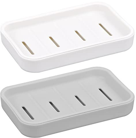 Hoxfly 2 Pièces porte-savon, Support de savon avec Bac Amovible, Drain, Boîte Portable, pour Salle de Bain Douche Cuisine (Gris + Blanc)