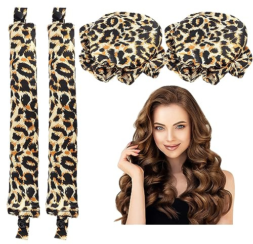 Boucles sans chaleur, paquet de 2,cheveux bouclés femme, ruban bouclant sans chaleur, boucles en soie, boucles de nuit, coiffage DIY pour cheveux courts et longs（imprimé léopard）…