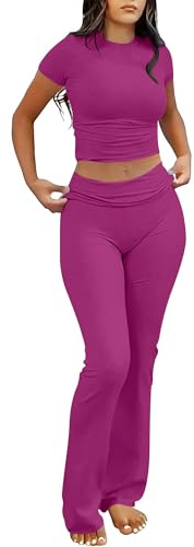 ANRABESS Lounge Sets for Women 2 Piece Foldover Yoga Flare Leggings Pants Crop Tops Casual Y2K Outfits Matching Tracksuit Set Hot Pink Large