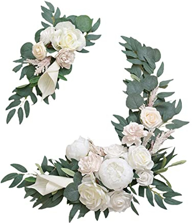 CDQL 2 Pezzi di Cartello di Benvenuto per Il Matrimonio, Decorazione Floreale - Decorazione per Arco di Nozze con Fiori Artificiali, per Cerimonie Nuziali e Ricevimenti (Bianco)