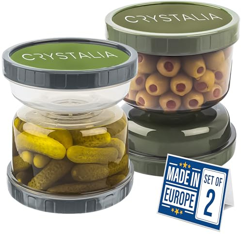 CRYSTALIA Prova di Perdite Barattolo Sottaceti Clessidre con Colino, Set di 2, 1000ml, 100% SENZA BPA Contenitori Oliva con Filtro, Contenitore per Olive, Barattoli per Sottaceti Clessidra, Pickle Jar