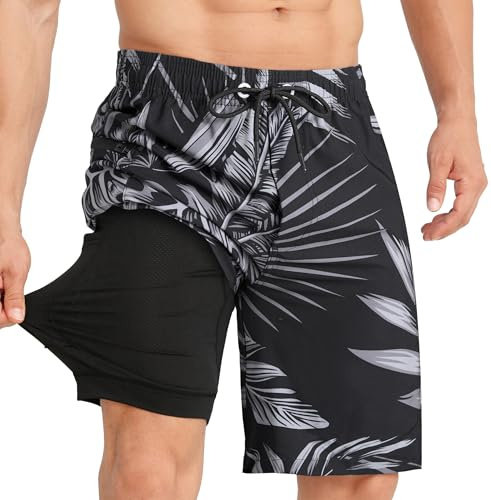 APTRO badshorts herr brädshorts med dragkedja fickor 2 i 1 badbyxor med kompressionsfoder, 4-vägs stretch, snabbtorkande, surfande, sommar, strandshorts, Grå blad svart Mk377, L