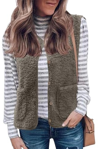 Joligiao Gilet Pile Donna Teddy Gilet in Pile Felpato Smanicato Giubbotto Fleece Giacca Senza Maniche Oversize Caldo Giacchetto Giacche Smanicato con Tasto Leggero Gilet Autunno Inverno(Kaki,XXL)