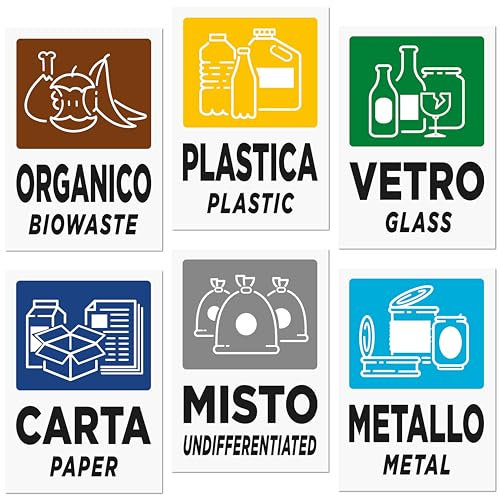 6 Adesivi GRANDI XL per Raccolta Differenziata | Formato cm 15x21| Etichette Grandi per Contenitori Rifiuti in Italiano ed Inglese | 6 PZ