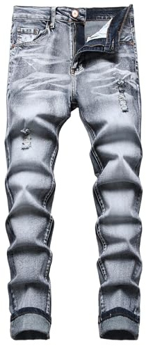 Men's Slim Fit Stretch Jeans Ripped Skinny for Men, Distressed Destroyed Straight Leg Fashion Comfort Flex Waist Jeans, Teenager Casual Fashion Designer Classic Regular Fit Basic Denim Pants