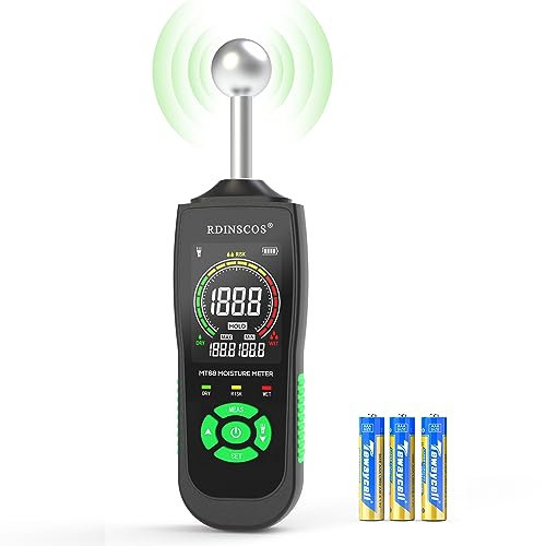 Rdinscos, Feuchtigkeitsmessgerät für Wände, professionelles Hygrometer mit Farb-Bildschirm und akustischem Alarm, nadelloser Feuchtigkeitsdetektor (20–40 mm) für Holz, Wände, Gips und Mauerwerk