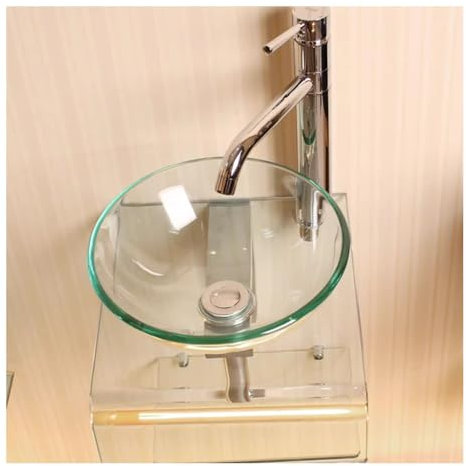 Moderno juego de lavabo de vidrio templado para montaje en pared, lavabo redondo con grifo y drenaje emergente, diseño transparente que ahorra espacio para baños pequeños (41 cm)