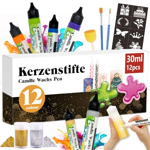 CAwished Set per pittura a candela da 30 ml con glitter fini oro argento penne a cera ideali per decorare e progettare candele colorate (12 colori)