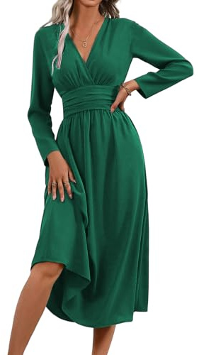 LIAMERHE Robe Hiver Femme Élégante Col en V Manches Longues Robes Casual Taille Haute Ligne A Robe Longue Robes de Mariage Décontractée Vert M