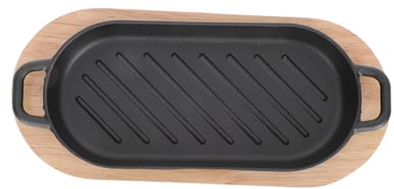 AUTSUPPL Pre-seasoned Cast Iron Rectangular Teppanyaki Grill Plate with Wooden Base Non-stick Steak and Fish Grilled Pan Heat-conductive Sizzling Plate for Home and Restaurant Use