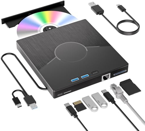 7 In 1 External CD Drive for Laptop, USB 3.0 & Type-C CD Rom External Drive for Laptop with Ethernet Interface, 3 USB and SD/TF Card, USB DVD Drive External CD Reader for Desktop/Windows/Linux/Mac OS