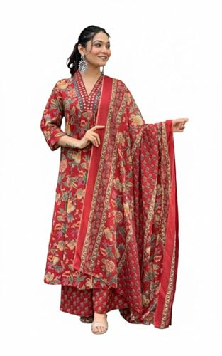ISHKRATI Women's Floral Printed Rayon Anarkali Suit Set with Dupatta & Pants – Elegant Ethnic & Festive Wear (US, Alpha, 6X-Large, Regular, Regular, Red)