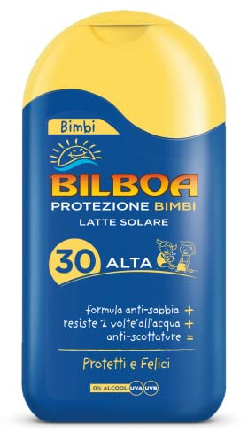 Bilboa, Bimbi Latte Solare Bambini con Protezione SPF 30 - Spray Senza Alcool - Formula Anti Sabbia, Resistente all'Acqua e Anti Scottature - Dermatologicamente Testato - 200 ml