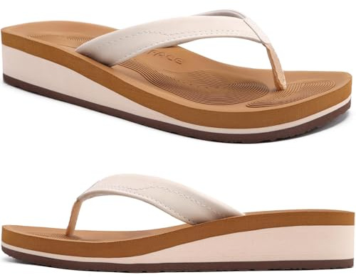 COFACE Femmes Tongs Mode Sandales Tong Compensees été Plage Piscine et Vacances avec Tapis de Yoga Confortable Kaki Blanc Taille 39
