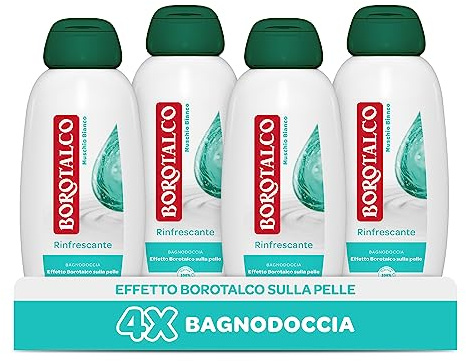 Borotalco Bagnodoccia Rinfrescante Muschio Bianco, Bagnoschiuma Corpo, Formula Rinfrescante, Freschezza Avvolgente, Dermatologicamente Testato, 4 Flaconi da 600 ml - Esclusiva Amazon