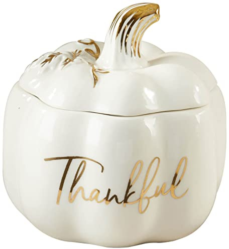 Kate Aspen Thankful White Pumpkin Bowl - Ceramic Decorative Pumpkin Decor Candy Dish With Lid, Fall Candy Dish, Thanksgiving Bowl, Fall Decorations for Home, Kitchen Decor, Thanksgiving Decorations