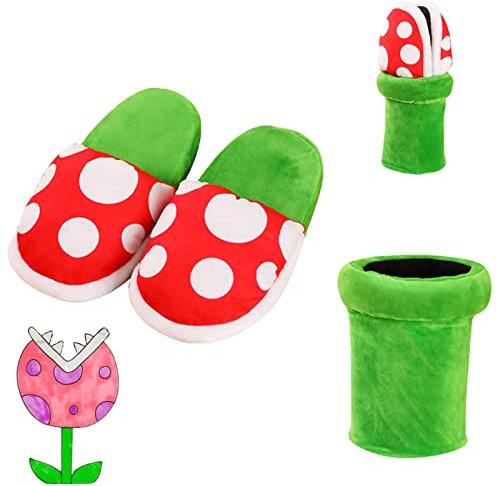 FTCO Piranha Plantes Pantoufles en peluche Pantoufles drôles Mocassins avec porte-pot de pipe Cadeaux drôles pour femmes hommes (Vert, one size)