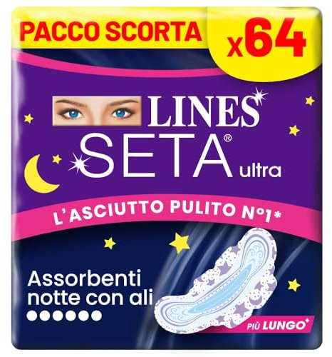Lines Seta Ultra Assorbenti Ultra Notte con Ali, Pacco Scorta, Confezione da x64 pezzi