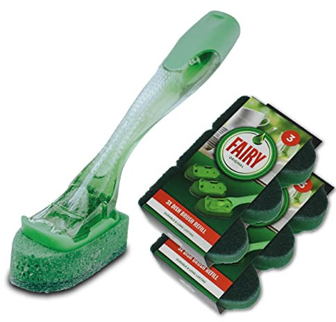Addis Fairy Soap Dispensing Non Scratch Sponge Scourer Dish Brush with 6 Pack of Spare Replacement Refill Heads, Green & Clear, One Size