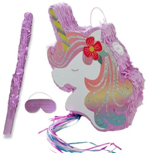 Einhorn Pinata zum Befüllen mit Schläger und Augenbinde - für Kindergeburtstag Geschenke für Mädchen, Geschenkidee oder Partyspiel, unicorn party decorations