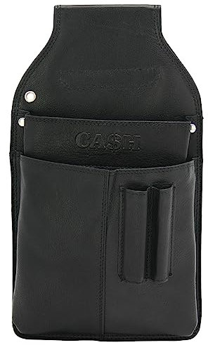 Große Leder Gürteltasche für Kellnerbörse, Geldbörsentasche mit Stiftfach & Einsteckfächern - praktisches Börsen-Etui - Schwarz