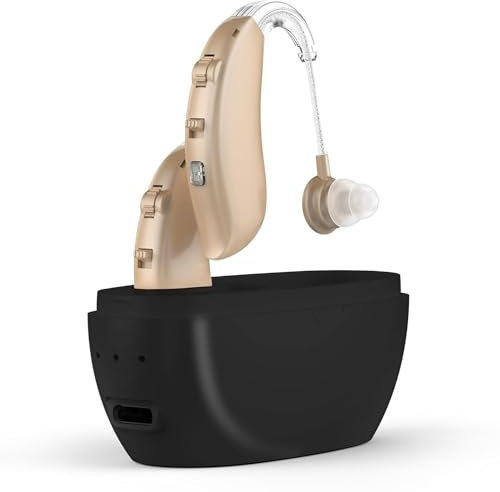 Bouchon d'oreille pour seniors - Bouchon d'oreille numérique BTE avec suppression intelligente du bruit, quatre modes, paire PSAP derrière l'oreille avec contrôle du volume et étui de charge, beige