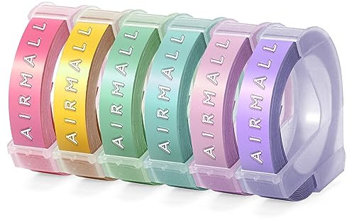 Airmall Lot de 6 rouleaux de ruban de gaufrage de 9 mm compatibles avec Dymo Omega Junior, étiquettes de gaufrage en vinyle 3D compatibles avec Dymo Omega Junior Memoking E975, couleur claire 9 mm