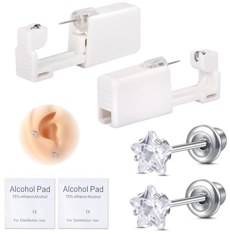 AVYRING Ear Piercing Gun Kit, Self Disposable Ear Piercing Kit 316L Surgical Stainless Steel with Star Cubic Zirconia, At Home Self Ear Piercer Kit Tool with 5mm Star Stud