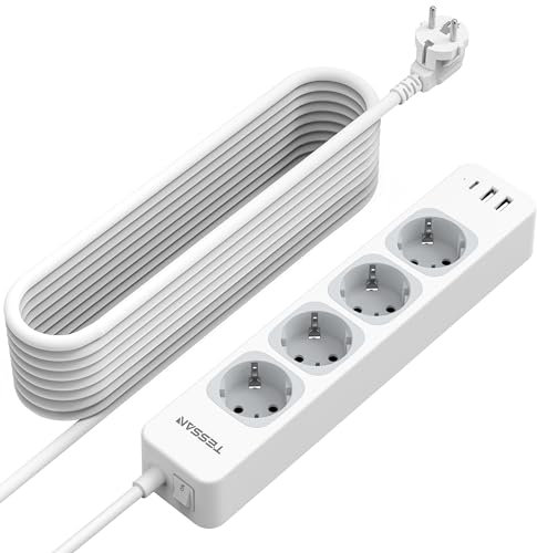 TESSAN 4 Fach Mehrfachsteckdose mit Verlängerungskabel 10M, Steckdosenleiste mit 1 USB C und 2 USB A, Mehrfachstecker mit Schalter, 2500W Verteilersteckdose Steckerleiste, Grau