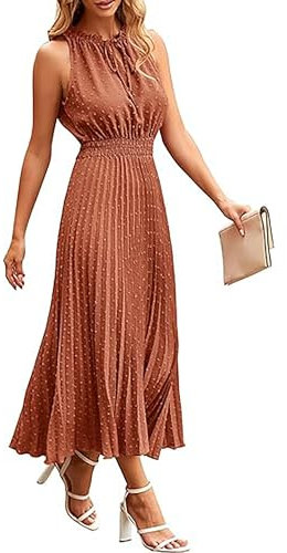 ONAYEYO Damen Sommer Plissee Lang Kleid V Ausschnitt ärmellos Schweizer Punkt Sommerkleid Elegant Hohe Taille Abendkleid Midikleid Casual Einfarbig Strandkleid (L, Ziegelrot)