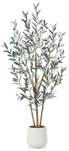 SOGUYI Plantes artificielles Olivier, Grande Plante Artificielle en Soie de 150 cm pour la décoration intérieure de la Maison, Plantes artificielles dans Un Pot Blanc avec Mousse Artificielle